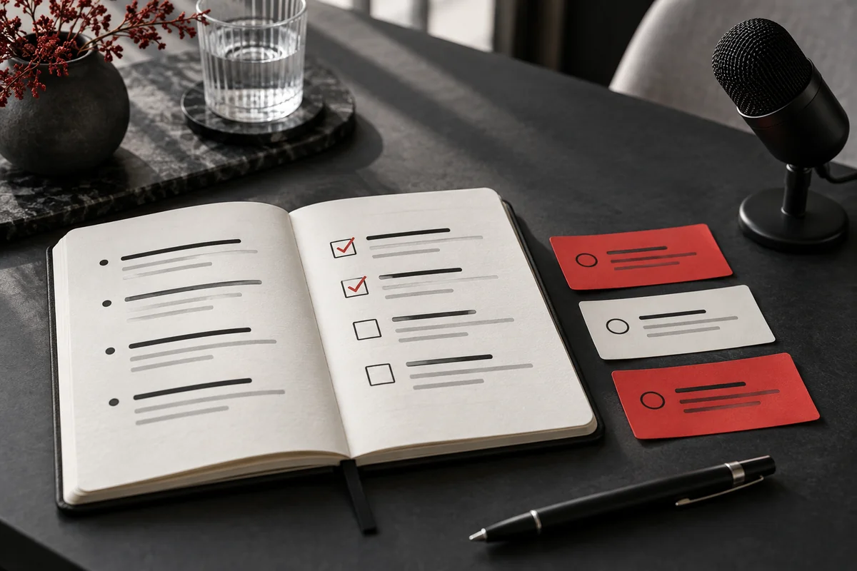 Carnet de réunion ouvert avec cases à cocher, cartes de tâches et microphone sur une table