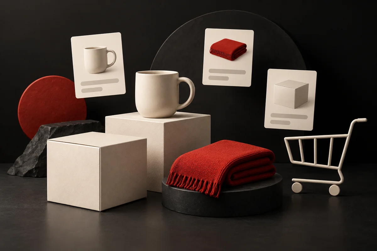 Illustration d’une boutique en ligne : produits fictifs, cartes produit et panier sur fond noir.