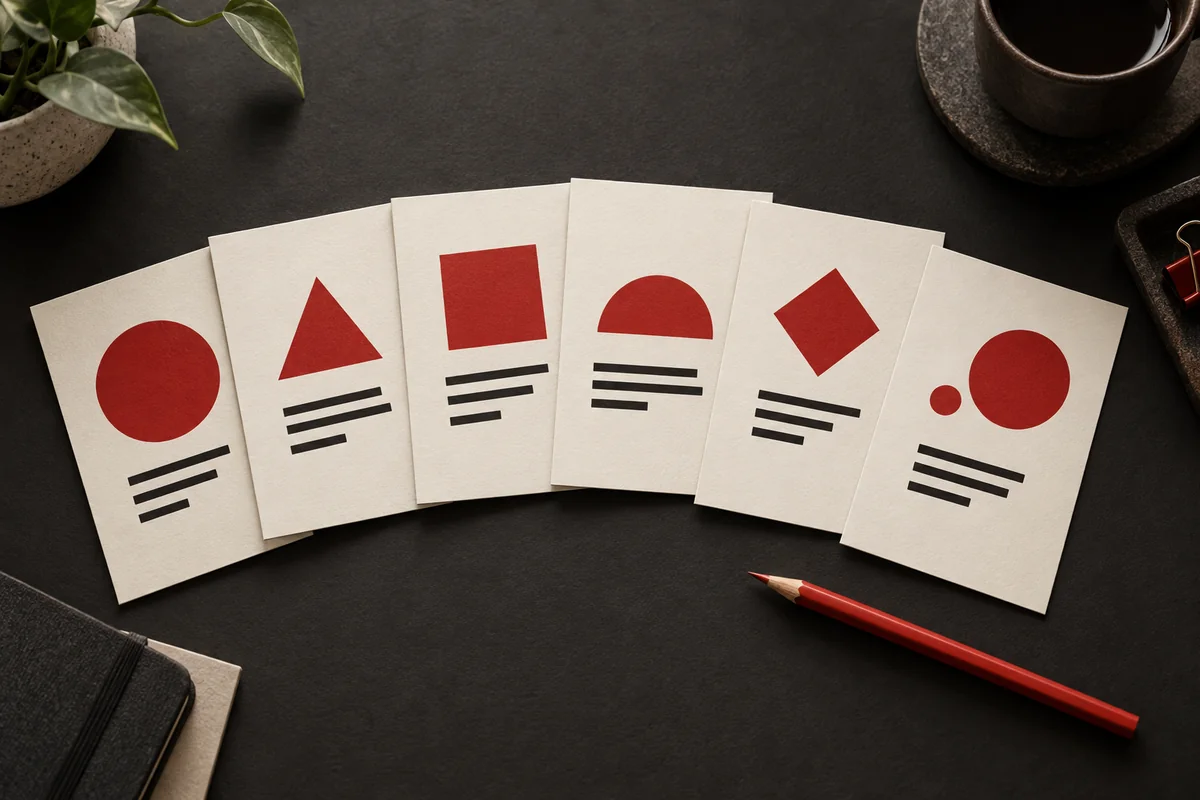 Six cartes de présentation illustrées avec des formes rouges et des lignes de texte abstraites