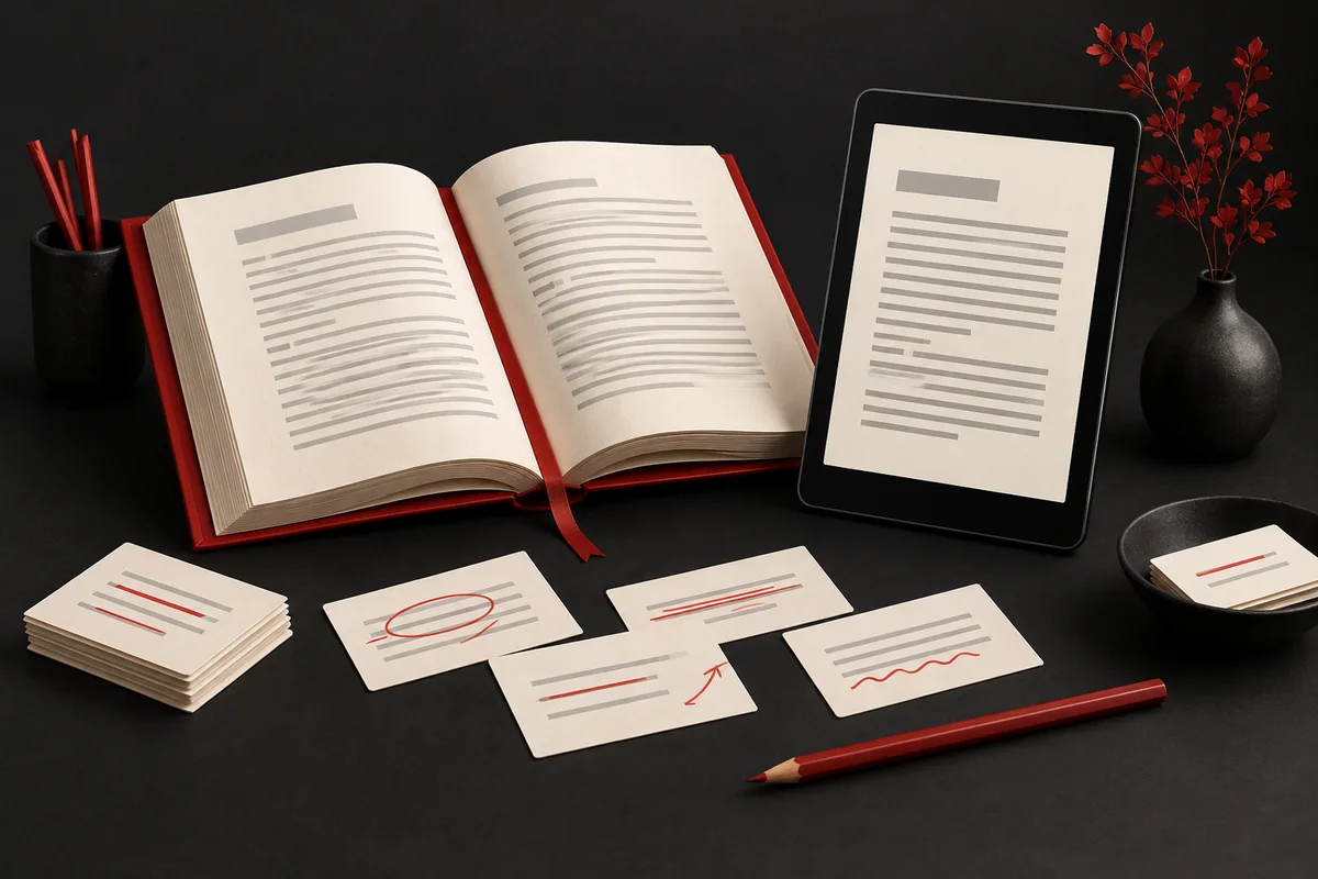 Illustration de création d’un ebook : livre, tablette et notes de révision sur fond noir.