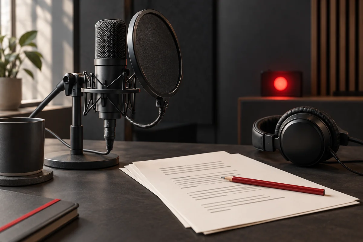 Microphone avec filtre anti-pop, casque et pages de script sur une table de studio