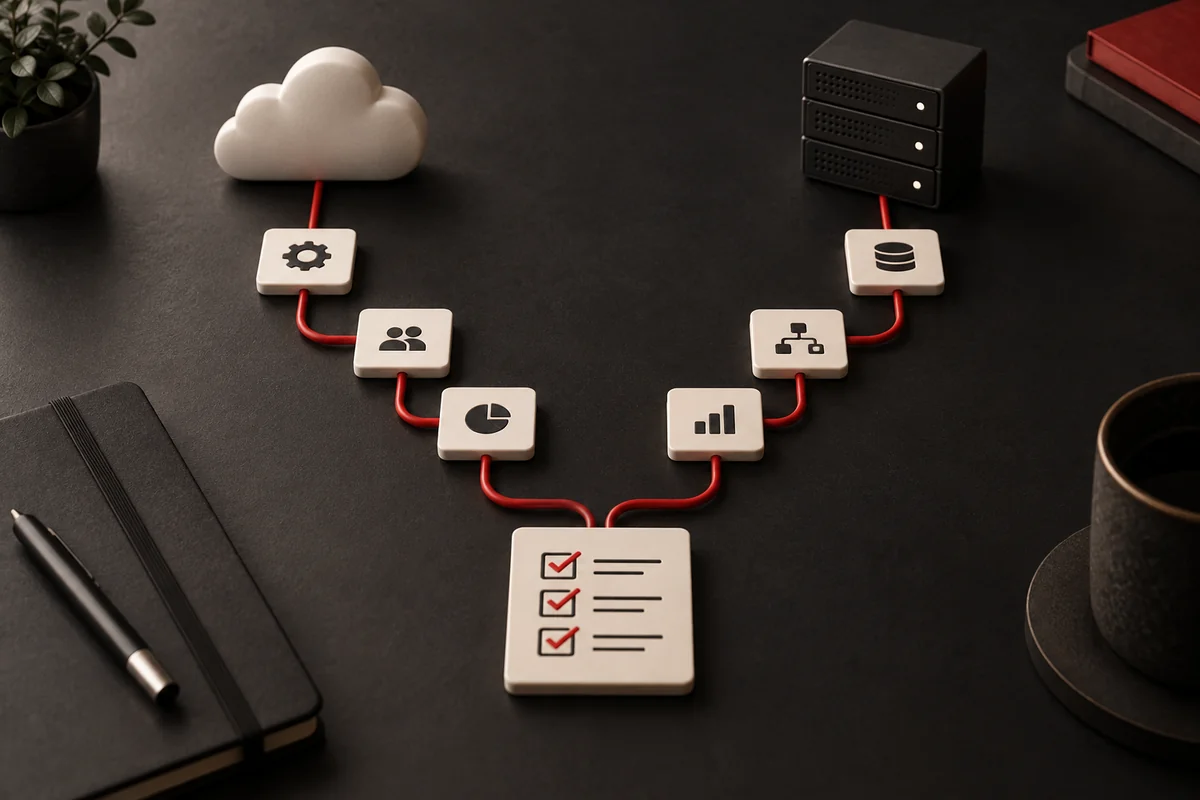 Deux chemins d’automatisation illustrés, avec cloud et serveur, reliés à une grille de vérification