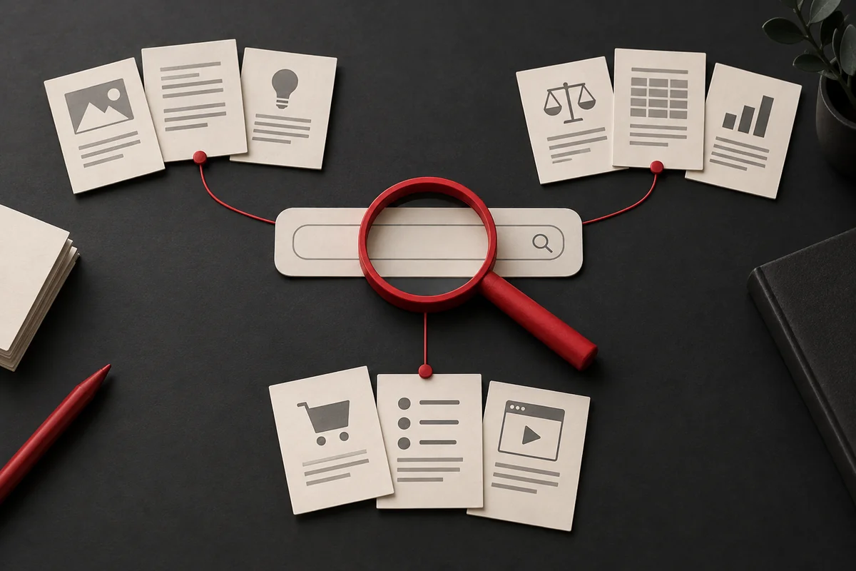 Loupe rouge et cartes de contenu réparties en groupes autour d’un champ de recherche illustré