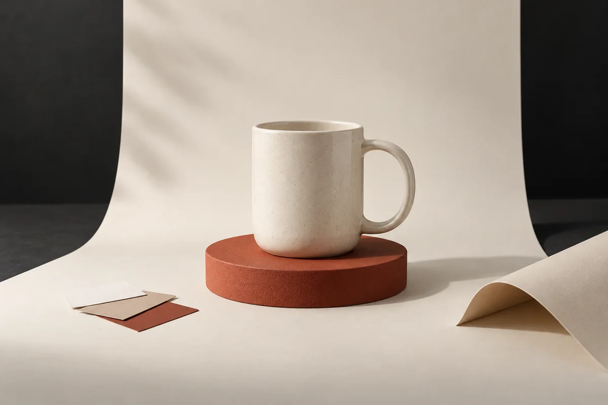 Mug fictif en céramique crème posé sur un socle rouge devant un fond de photographie produit