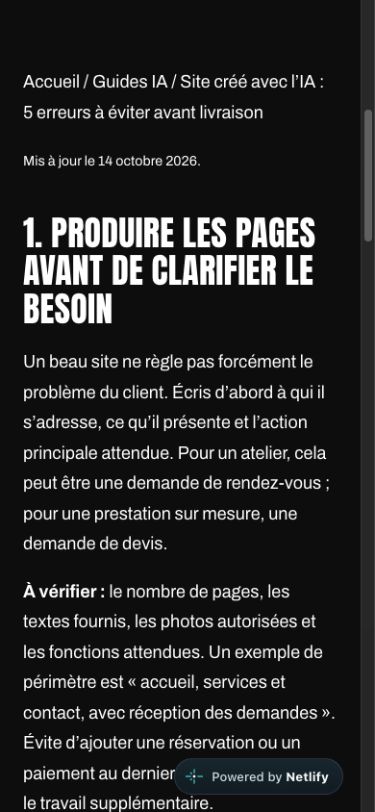 Article affiché sur un écran de 390 pixels de large, avec son fil d’Ariane et le premier contrôle de livraison
